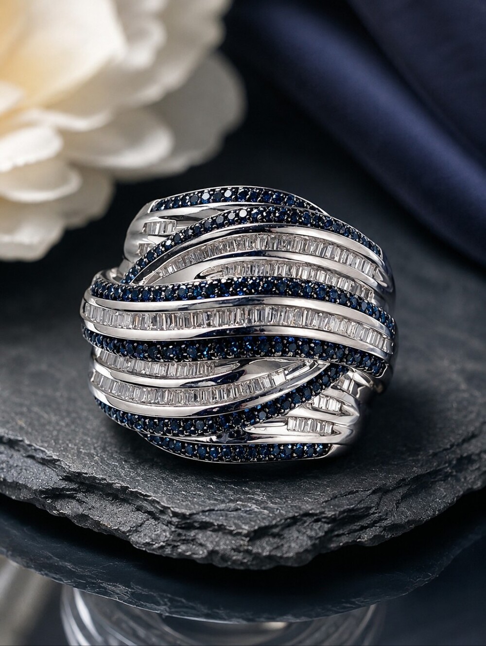 Blue & White Diamond Cocktail Ring | 925 Sterling Silver | JS | Size 7 NWOT